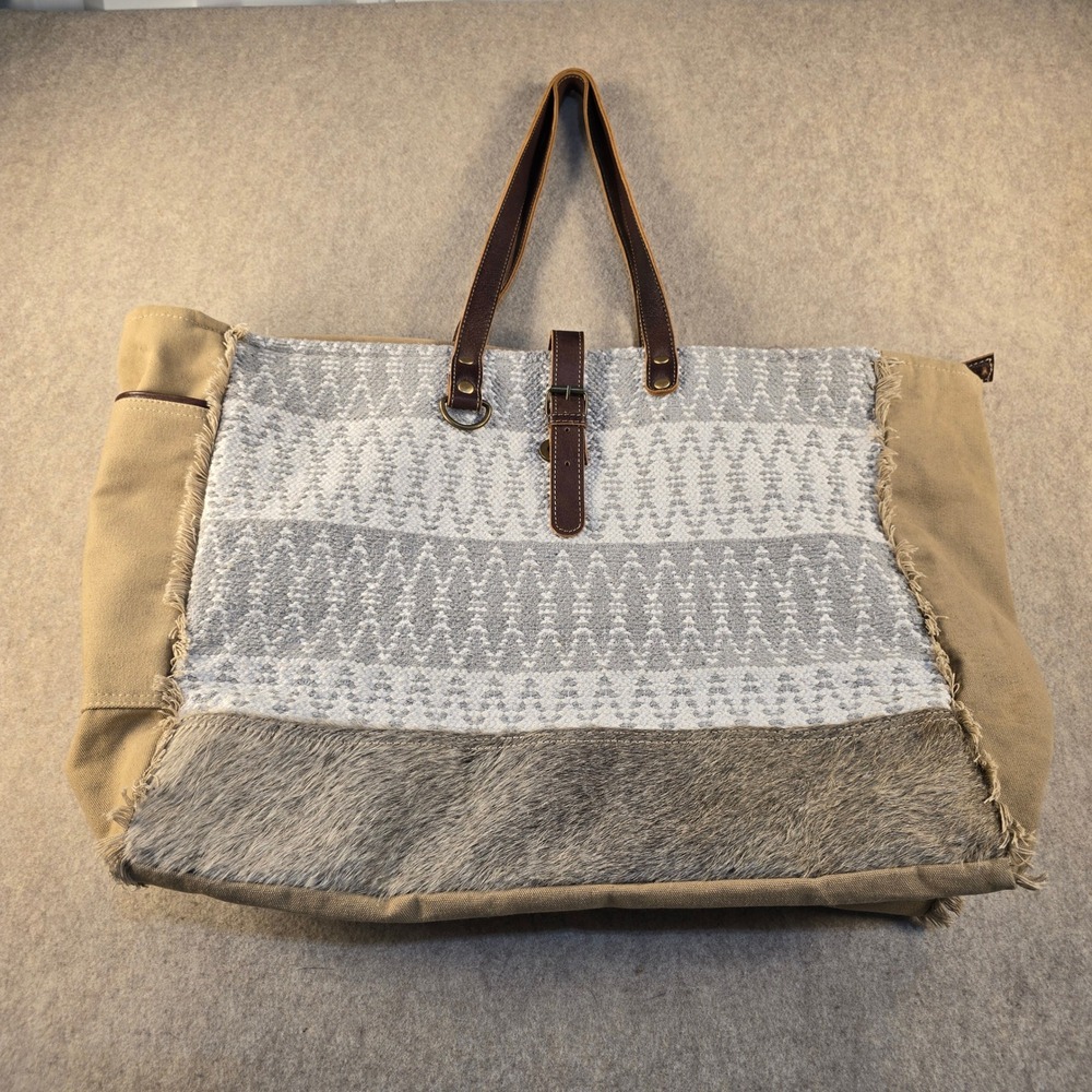 Myra Bag Large Canvas Hair On Hide Woven Tote Bag Boho Western Grey Tan